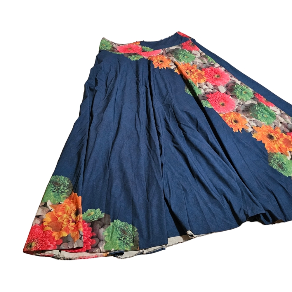 FEVROJ Flare Midi Skirt Floral Print Blue Flowy Tie Belt Women's  Large - Picture 7 of 16
